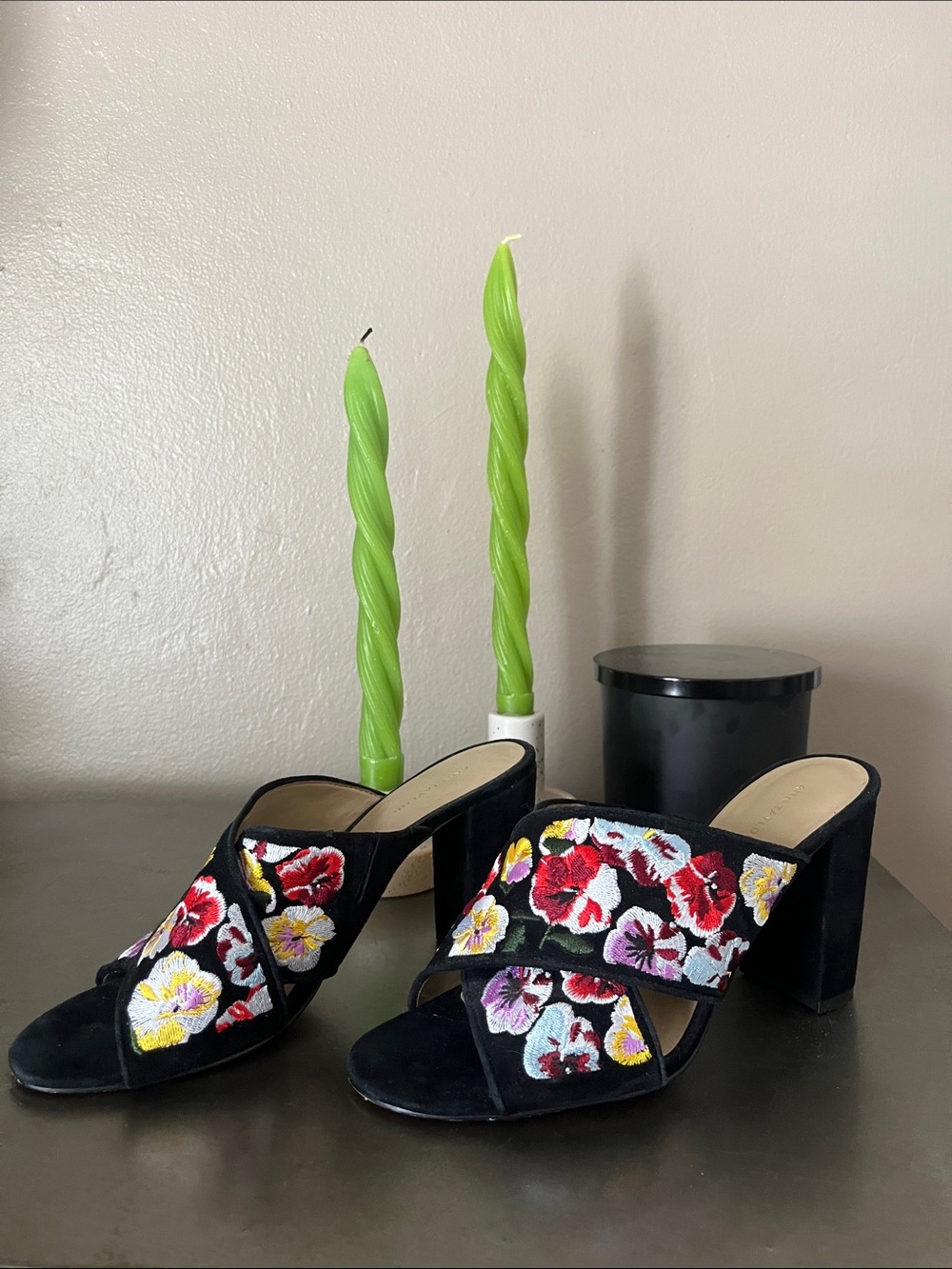 Ann Taylor Black Suede Embroidered Floral Block Heel Mules